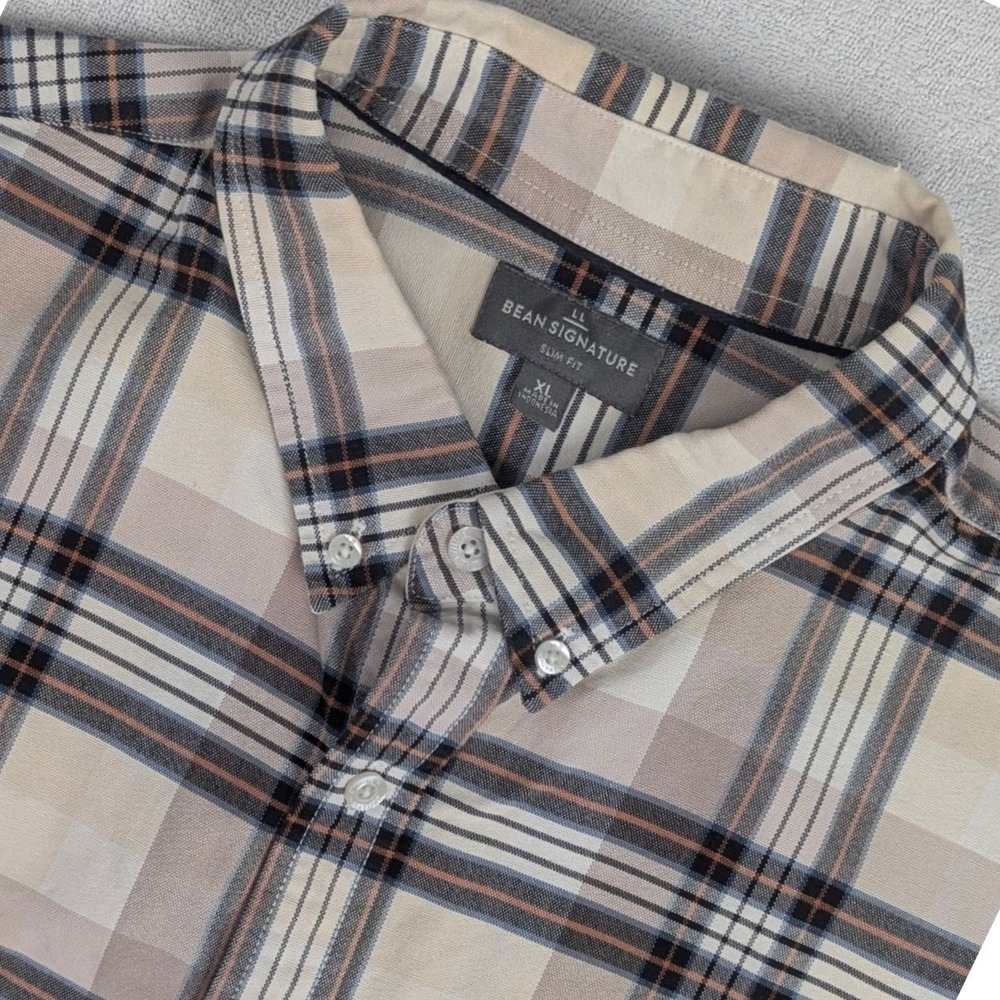 LL Bean Signature Slim Fit Plaid Button Down Shirt Mens XL Tan Navy
